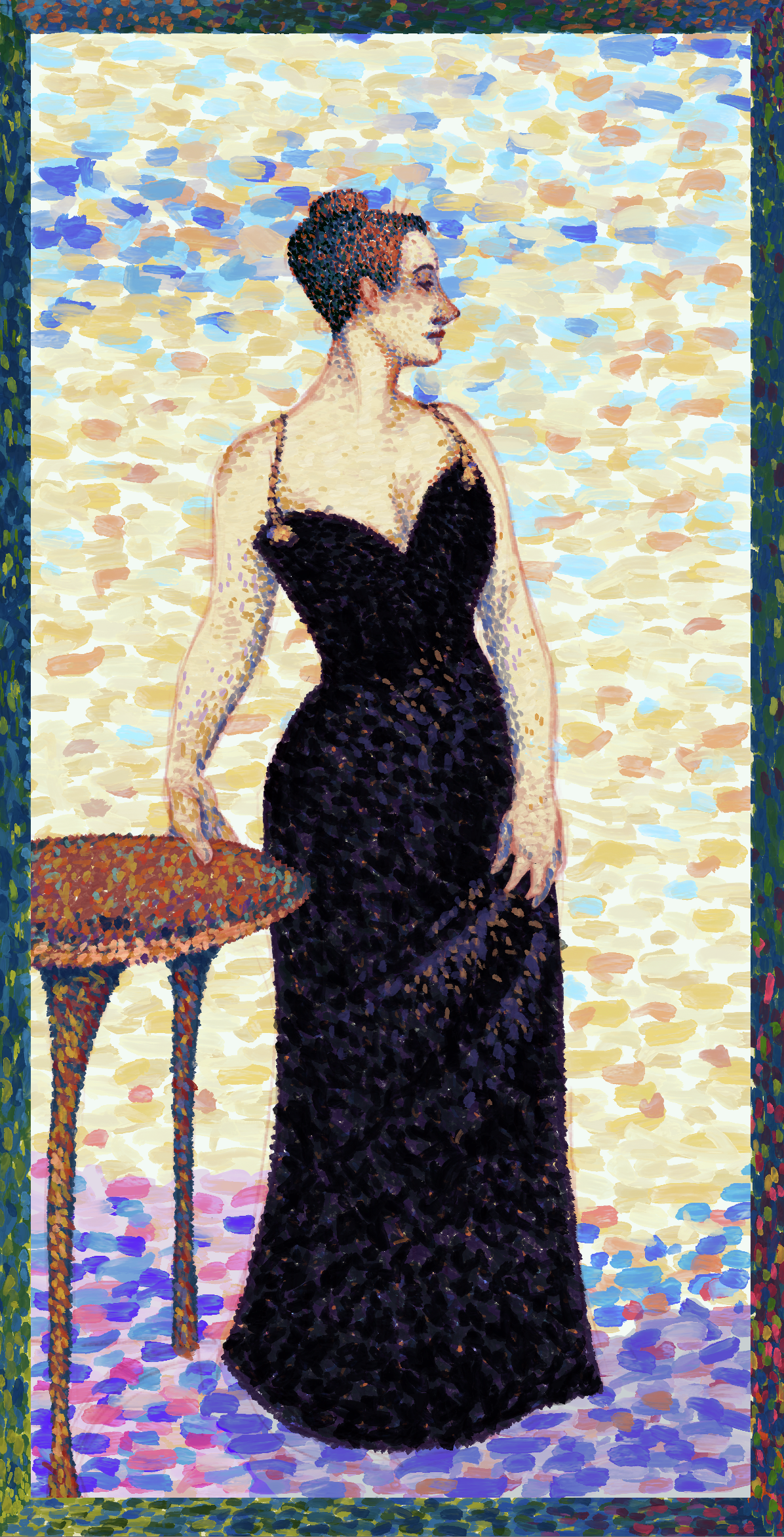 “Madame X” in the style of “A Sunday Afternoon on the Island of La Grande Jatte”